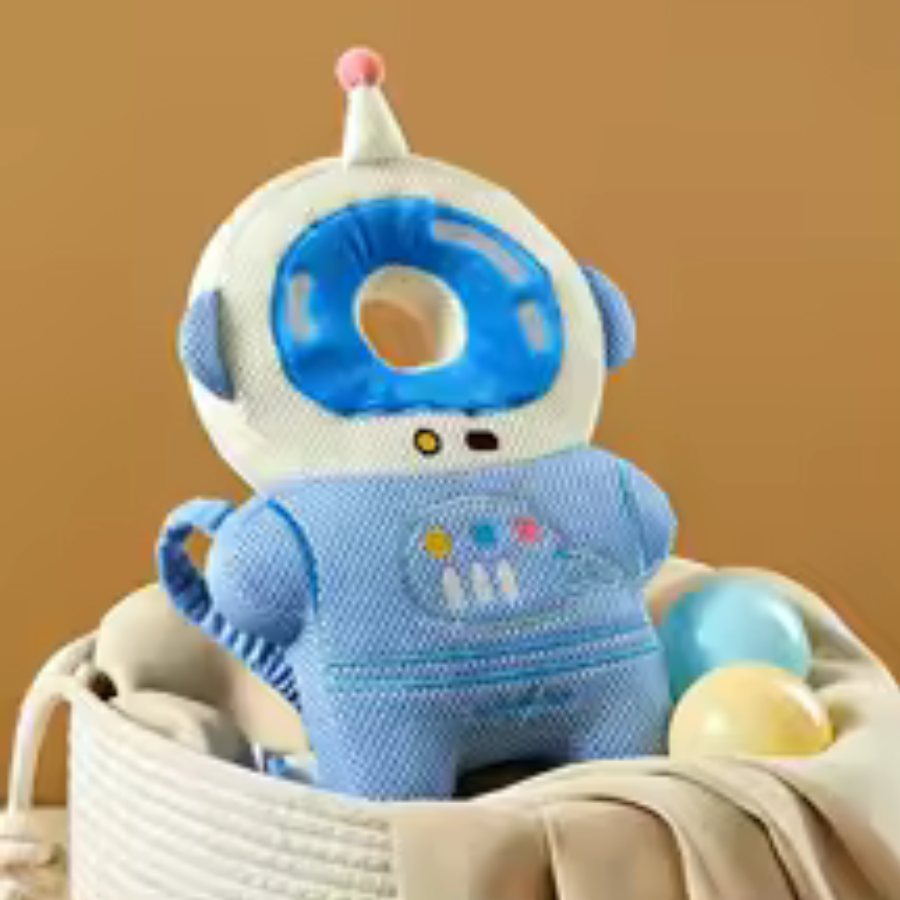 Front view of a soft baby head protector backpack in blue white astronaut design featuring a breathable plush donut head cushion and shock absorbing back pad with elastic adjustable shoulder straps, shown ready to wear on toddler, lightweight hypoallergenic feel helps prevent bumps during crawling and first steps ideal gift for new parents