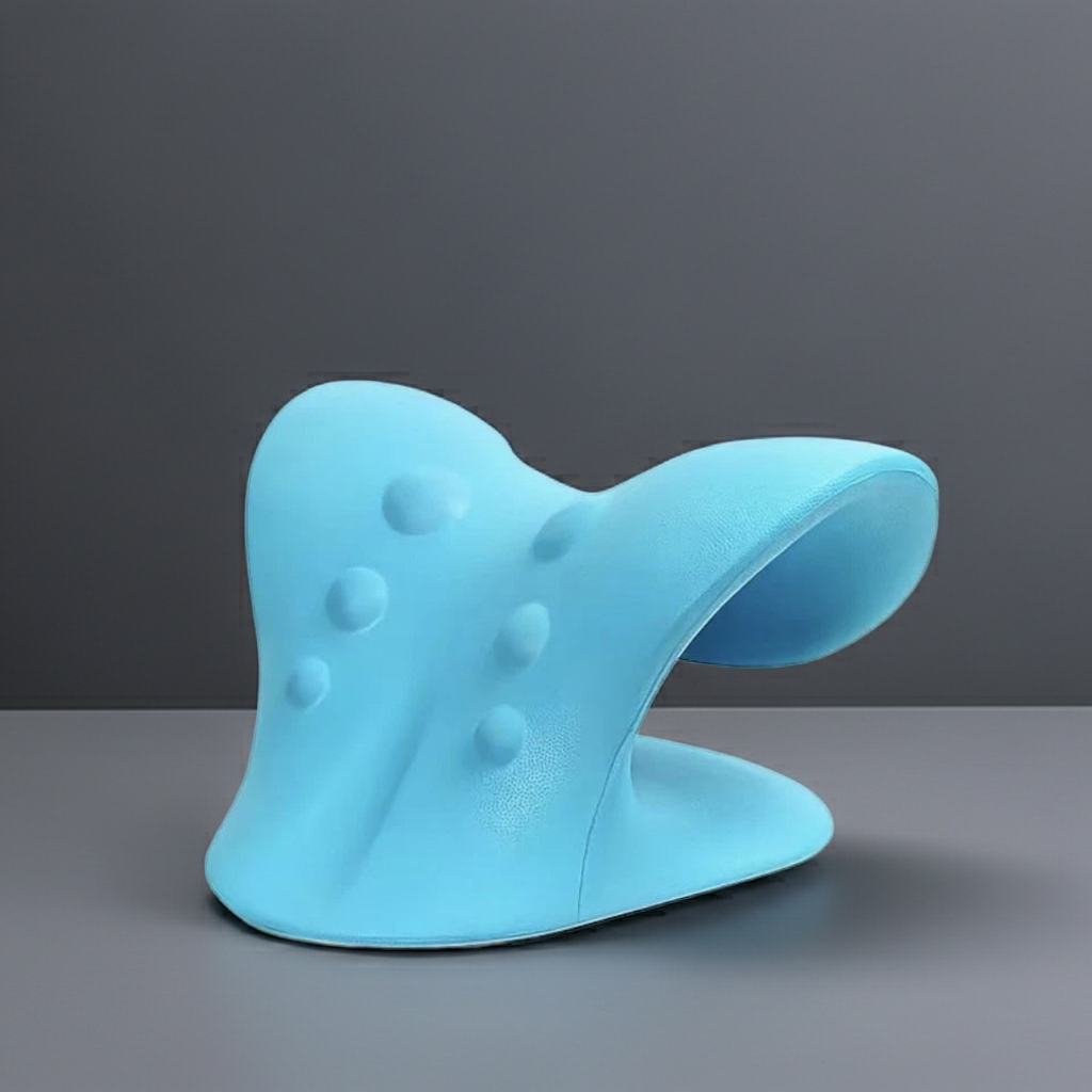 Blue ergonomic neck stretcher for neck pain portable cervical traction device with acupressure nodes shown on gray background, non-electric posture corrector for tech neck tension headaches shoulder stiffness home therapy tool travel office gift gentle cervical decompression pillow alternative