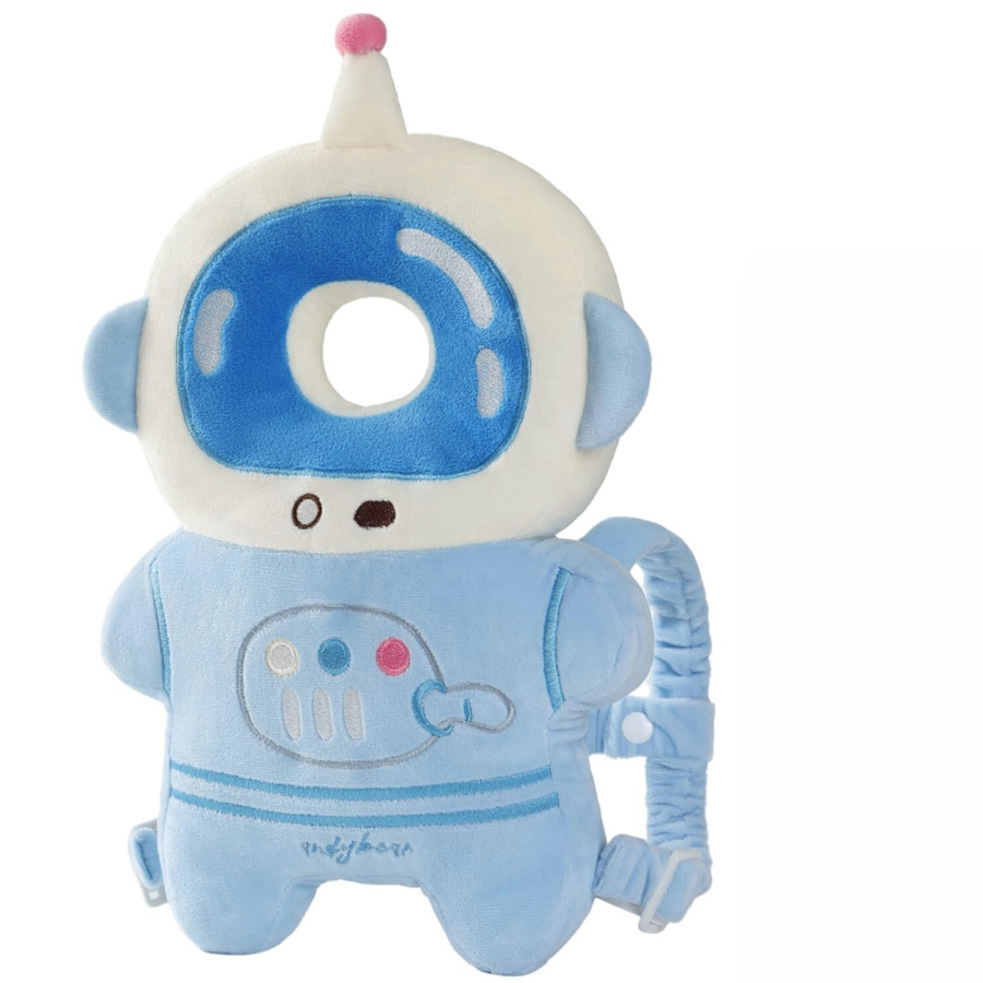 Front view of a soft baby head protector backpack in blue white astronaut design featuring a breathable plush donut head cushion and shock absorbing back pad with elastic adjustable shoulder straps, shown ready to wear on toddler, lightweight hypoallergenic feel helps prevent bumps during crawling and first steps ideal gift for new parents