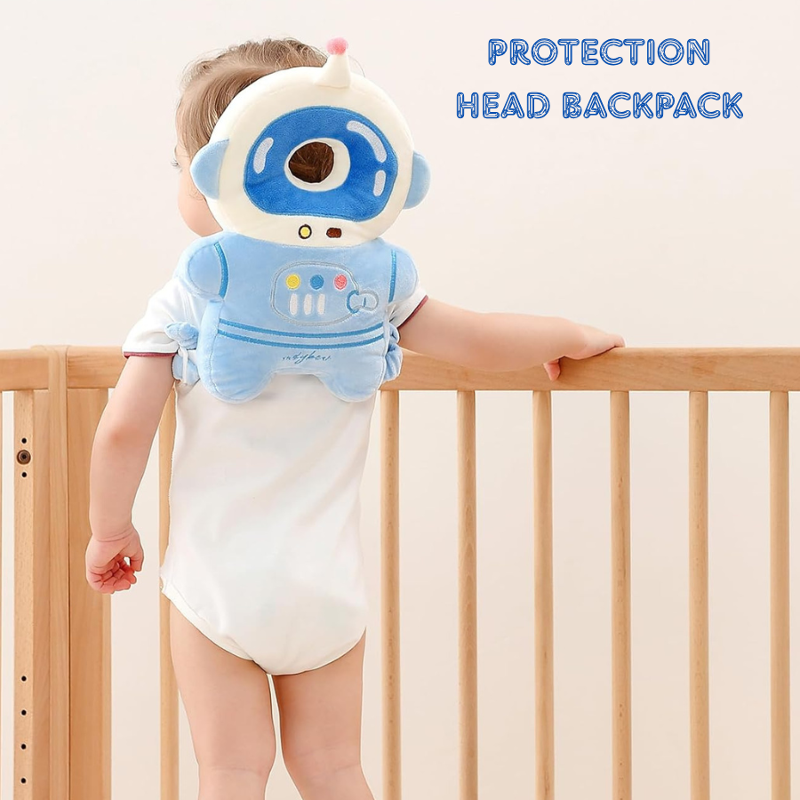 Front view of a soft baby head protector backpack in blue white astronaut design featuring a breathable plush donut head cushion and shock absorbing back pad with elastic adjustable shoulder straps, shown ready to wear on toddler, lightweight hypoallergenic feel helps prevent bumps during crawling and first steps ideal gift for new parents