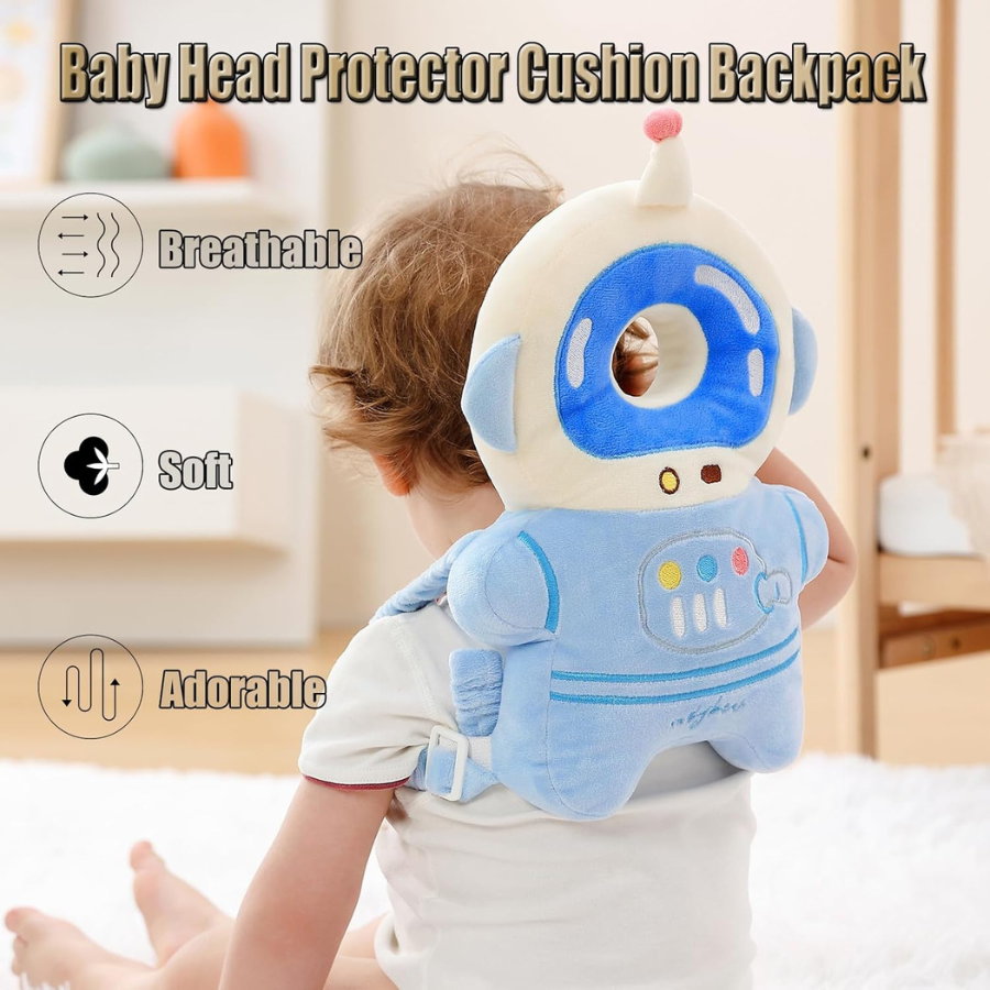 Front view of a soft baby head protector backpack in blue white astronaut design featuring a breathable plush donut head cushion and shock absorbing back pad with elastic adjustable shoulder straps, shown ready to wear on toddler, lightweight hypoallergenic feel helps prevent bumps during crawling and first steps ideal gift for new parents