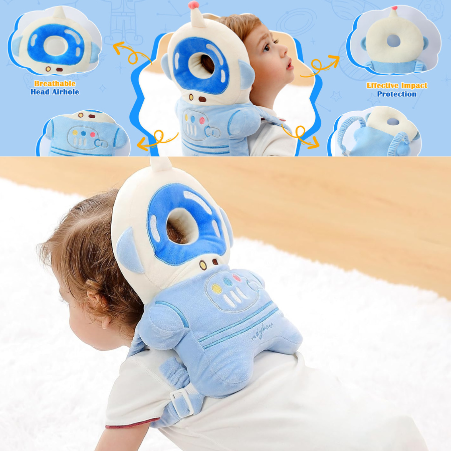 Front view of a soft baby head protector backpack in blue white astronaut design featuring a breathable plush donut head cushion and shock absorbing back pad with elastic adjustable shoulder straps, shown ready to wear on toddler, lightweight hypoallergenic feel helps prevent bumps during crawling and first steps ideal gift for new parents