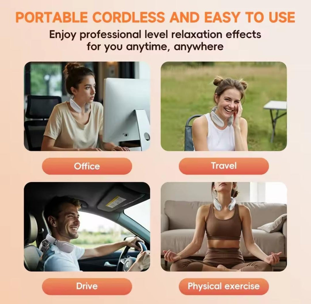 Masajeador cervical eléctrico 4D con calor en uso, mujer relajándose con dispositivo de masaje en cuello