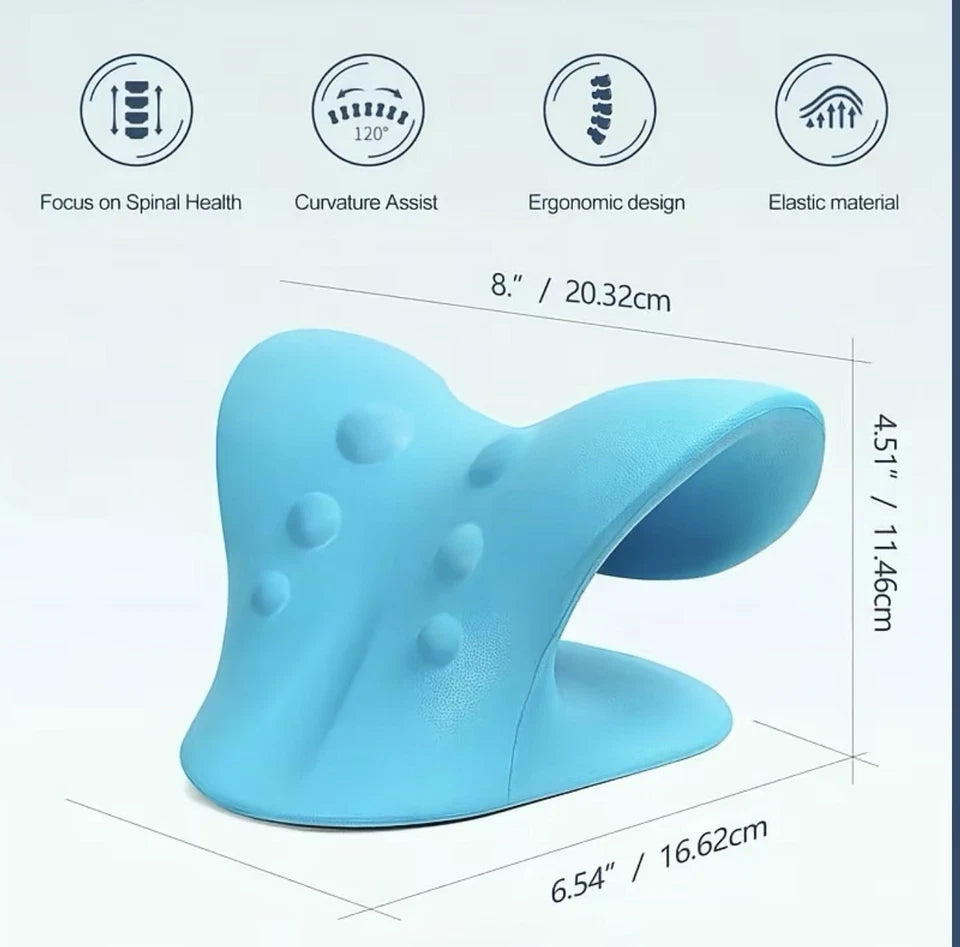Blue ergonomic neck stretcher for neck pain portable cervical traction device with acupressure nodes shown on gray background, non-electric posture corrector for tech neck tension headaches shoulder stiffness home therapy tool travel office gift gentle cervical decompression pillow alternative