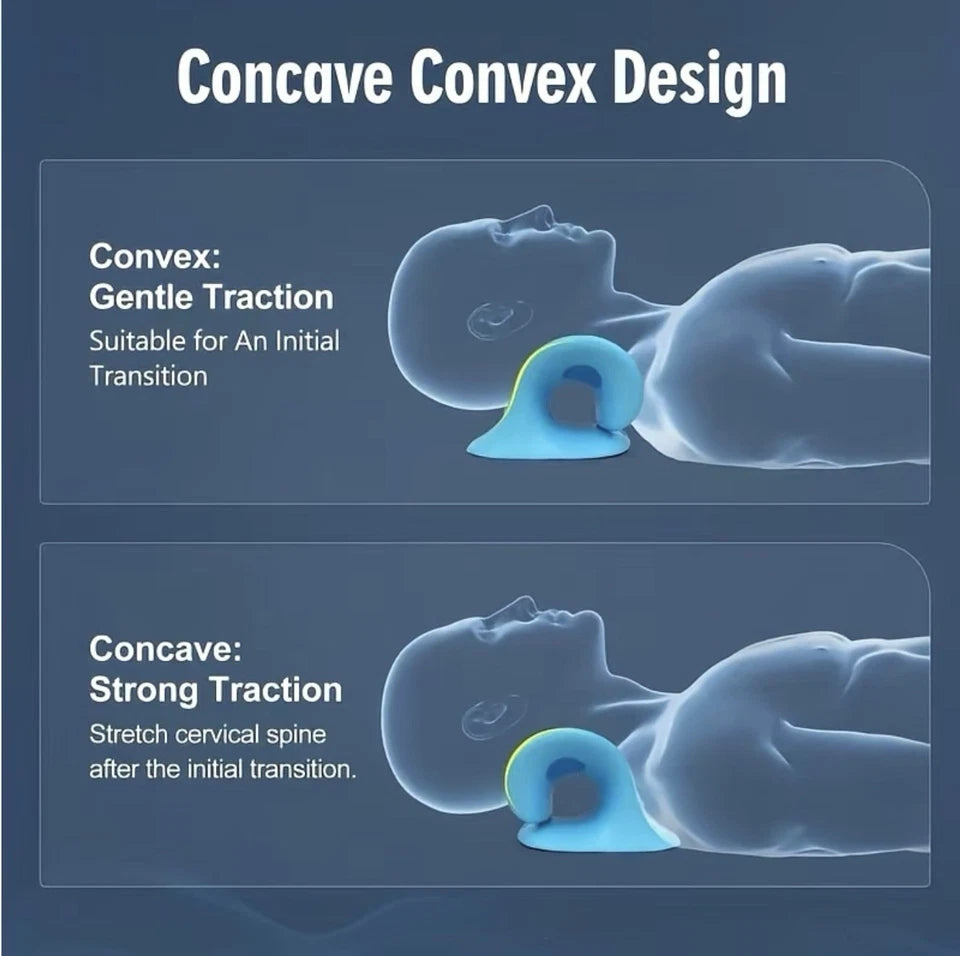 Blue ergonomic neck stretcher for neck pain portable cervical traction device with acupressure nodes shown on gray background, non-electric posture corrector for tech neck tension headaches shoulder stiffness home therapy tool travel office gift gentle cervical decompression pillow alternative