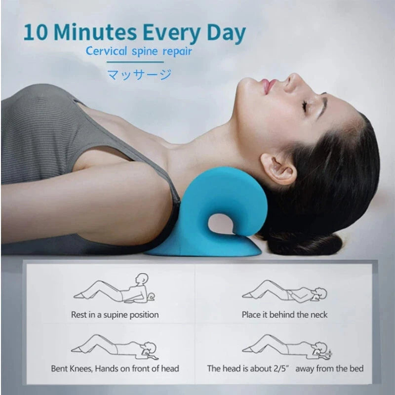 Blue ergonomic neck stretcher for neck pain portable cervical traction device with acupressure nodes shown on gray background, non-electric posture corrector for tech neck tension headaches shoulder stiffness home therapy tool travel office gift gentle cervical decompression pillow alternative